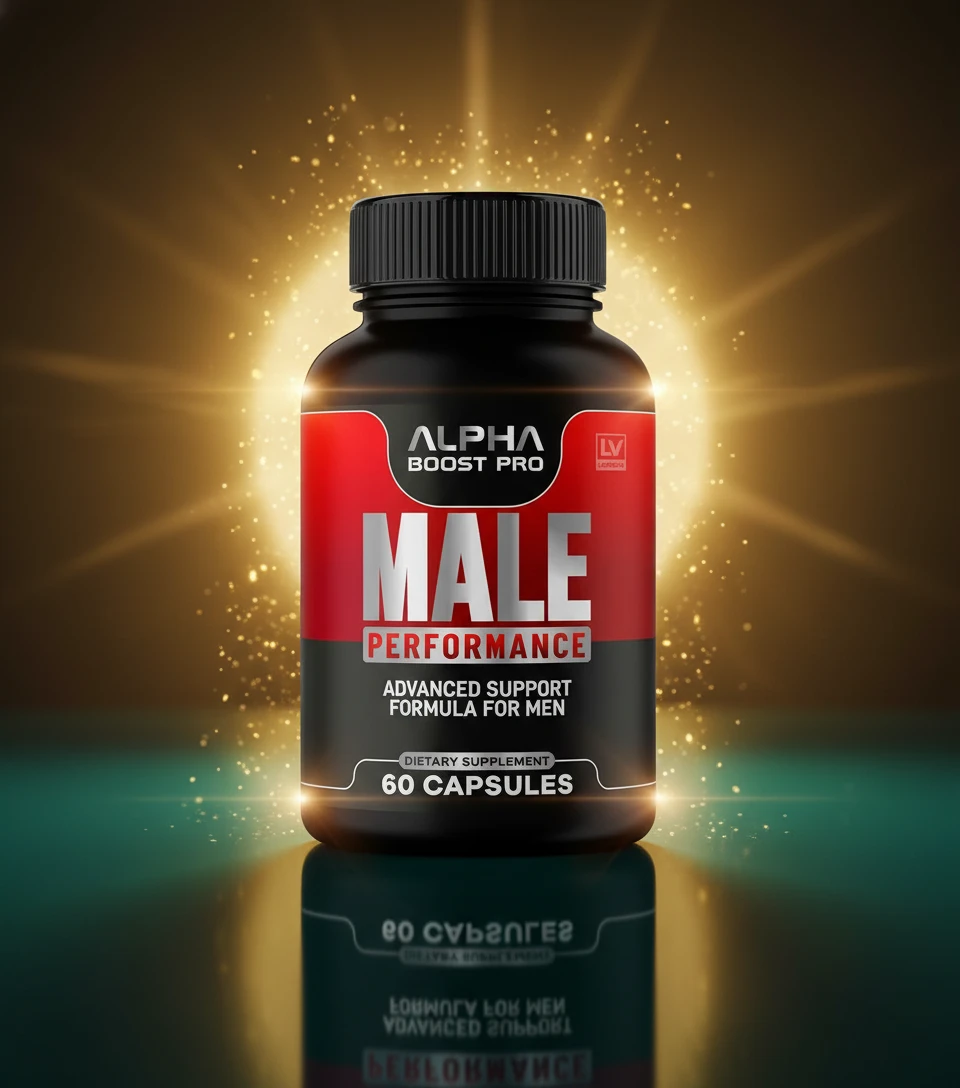Alpha Boost Pro 'Male Performance' supplement bottle illuminated by a radiant golden glow, symbolizing energy, vitality, and optimal male health.
