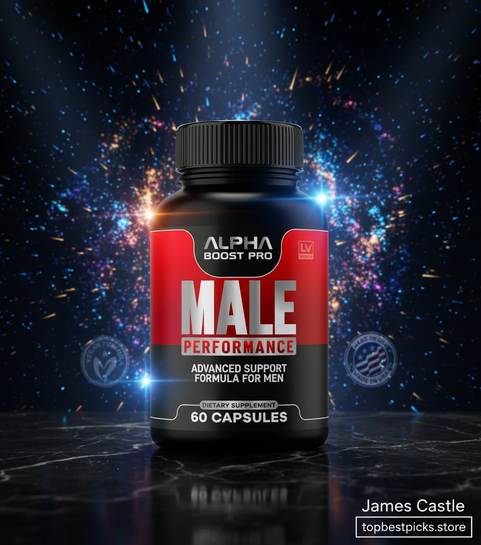 Alpha Boost Pro Male Performance supplement bottle against a dynamic starry background, emphasizing its powerful and advanced formula.
