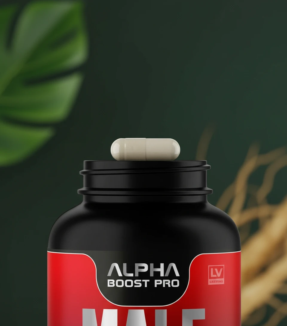 Close-up of an Alpha Boost Pro capsule resting on the bottle, with a green leaf and ginseng root in the soft-focus background, highlighting its natural ingredients.