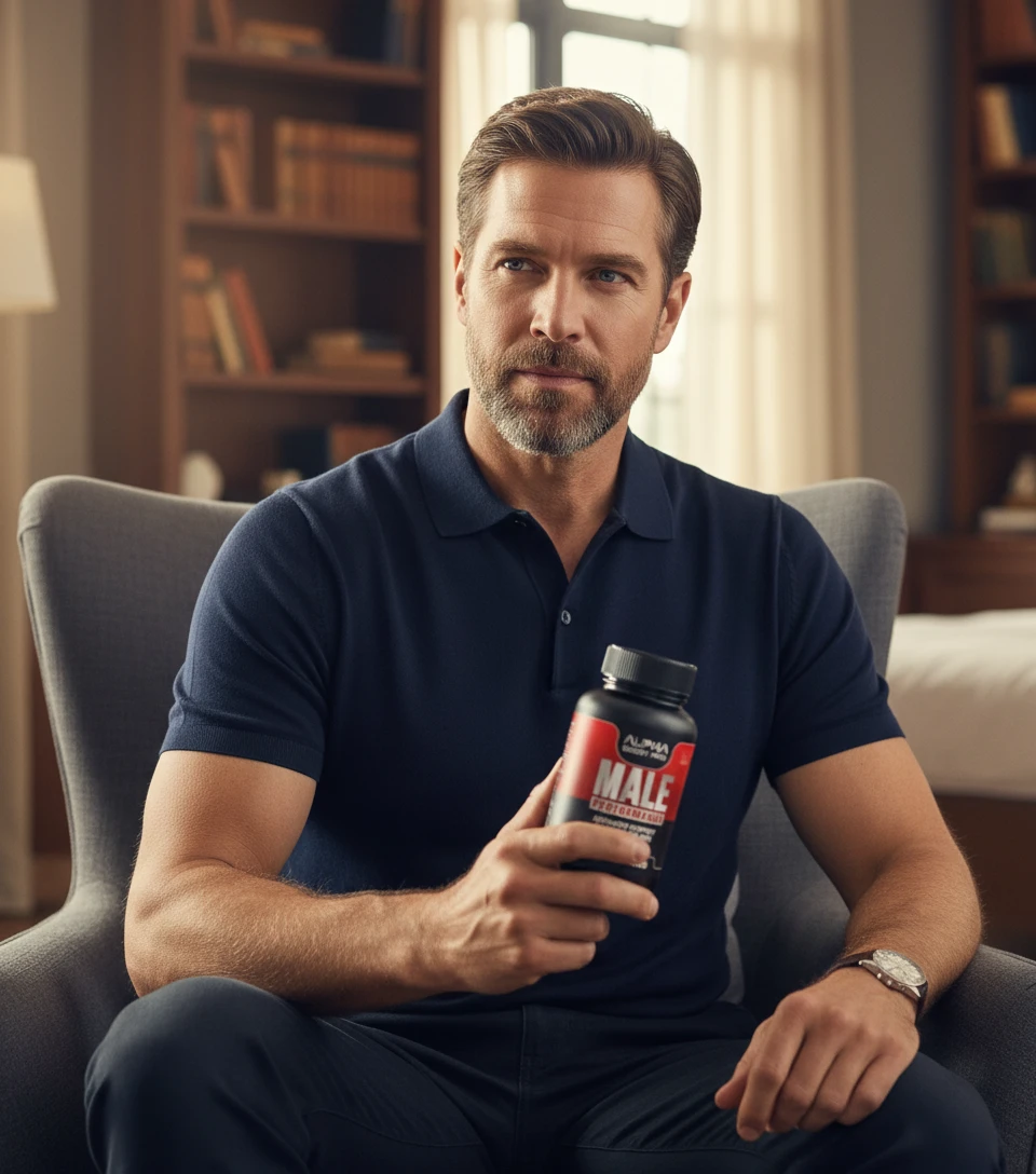 A confident, well-groomed man holding an Alpha Boost Pro bottle while seated comfortably in an armchair, suggesting improved male vitality and well-being.