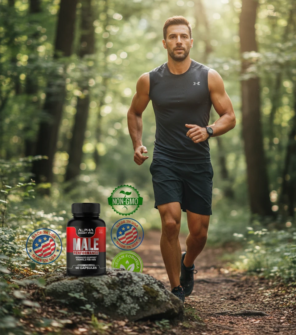 An athletic man running through a sunlit forest, with an Alpha Boost Pro bottle and 'Made in USA,' 'Non-GMO,' 'Vegan Formula' labels in the foreground, symbolizing natural performance and vitality.