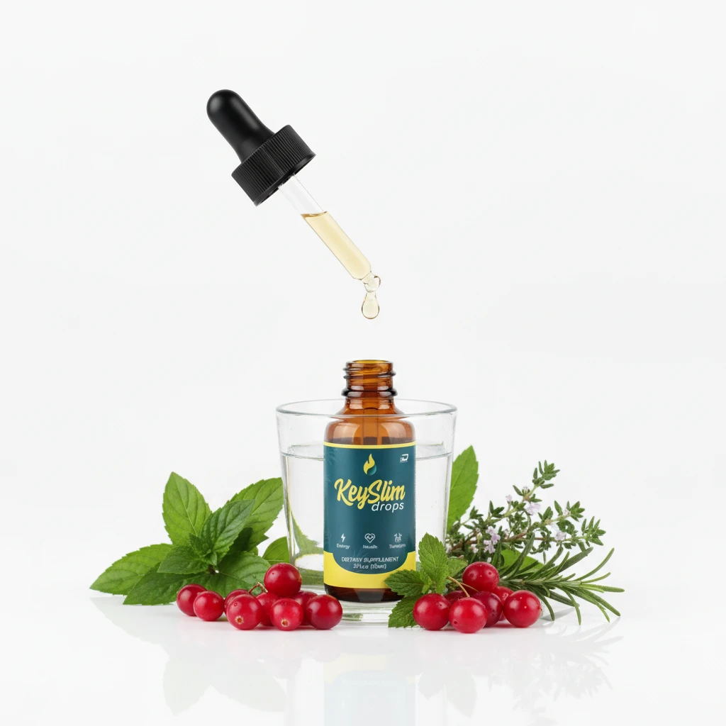 Woman holding KeySlim Drops bottle with a background of fresh fruits and vegetables, symbolizing a holistic approach to wellness