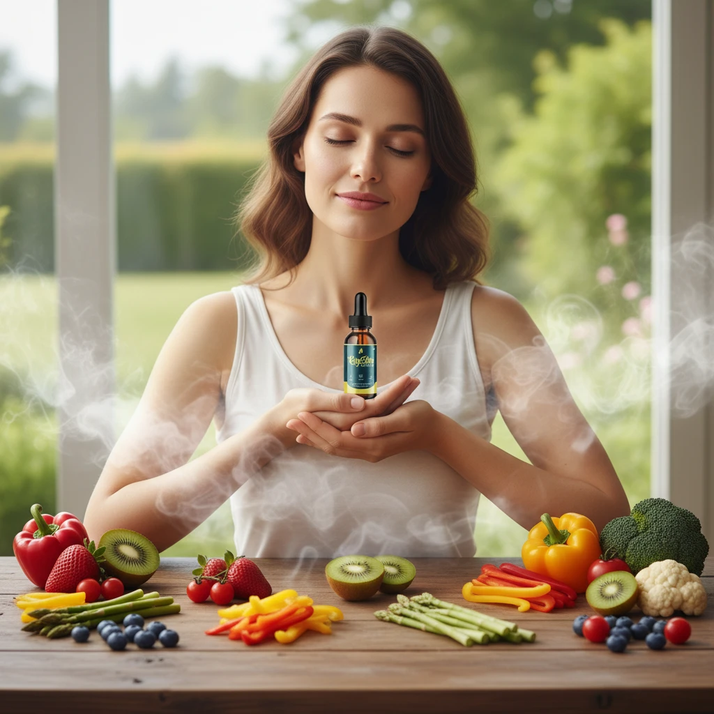 KeySlim Drops bottle with fresh herbs and a dropper for natural ingredients
